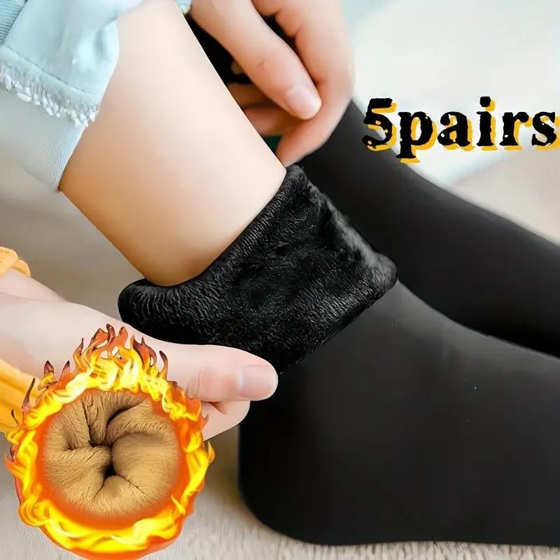 10Pcs/5 Pairs Autumn Winter Socks for Women Thickened Fleece Lined Cold-Proof Warm Self-Heating Snow Socks Unisex Floor Socks Mid-Calf Socks