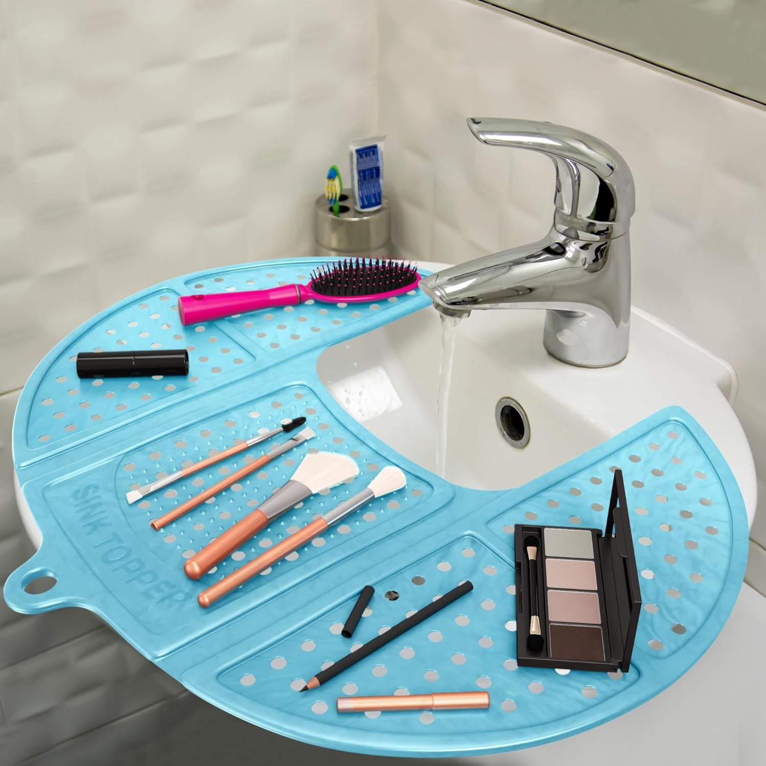 Bathroom Sink Cover for Counter Space & Storage Saver | RV Must Haves | Silicone Foldable Beauty Makeup Brush Cleaning Mat | Hot Tools Organizer | RV Sink Cover | Standard, Pacific Blue