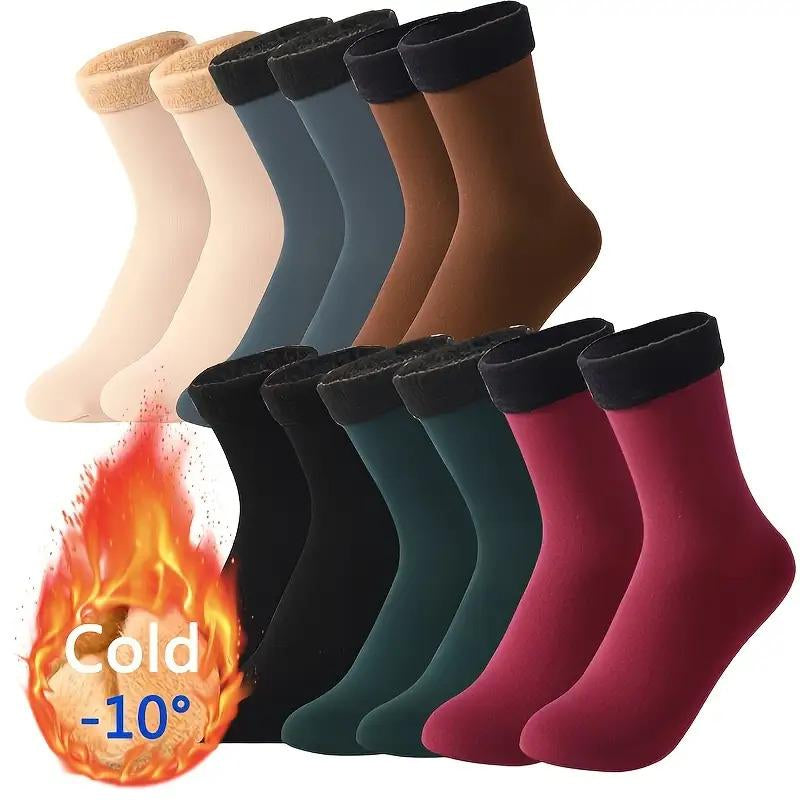10Pcs/5 Pairs Autumn Winter Socks for Women Thickened Fleece Lined Cold-Proof Warm Self-Heating Snow Socks Unisex Floor Socks Mid-Calf Socks