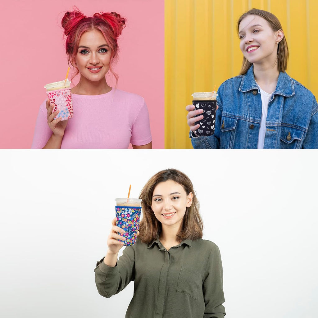 3 Pack Reusable Iced Coffee Sleeves -  Insulator Sleeve for Cold Beverages, Neoprene Coffee Cup Holder (Pink Paw)