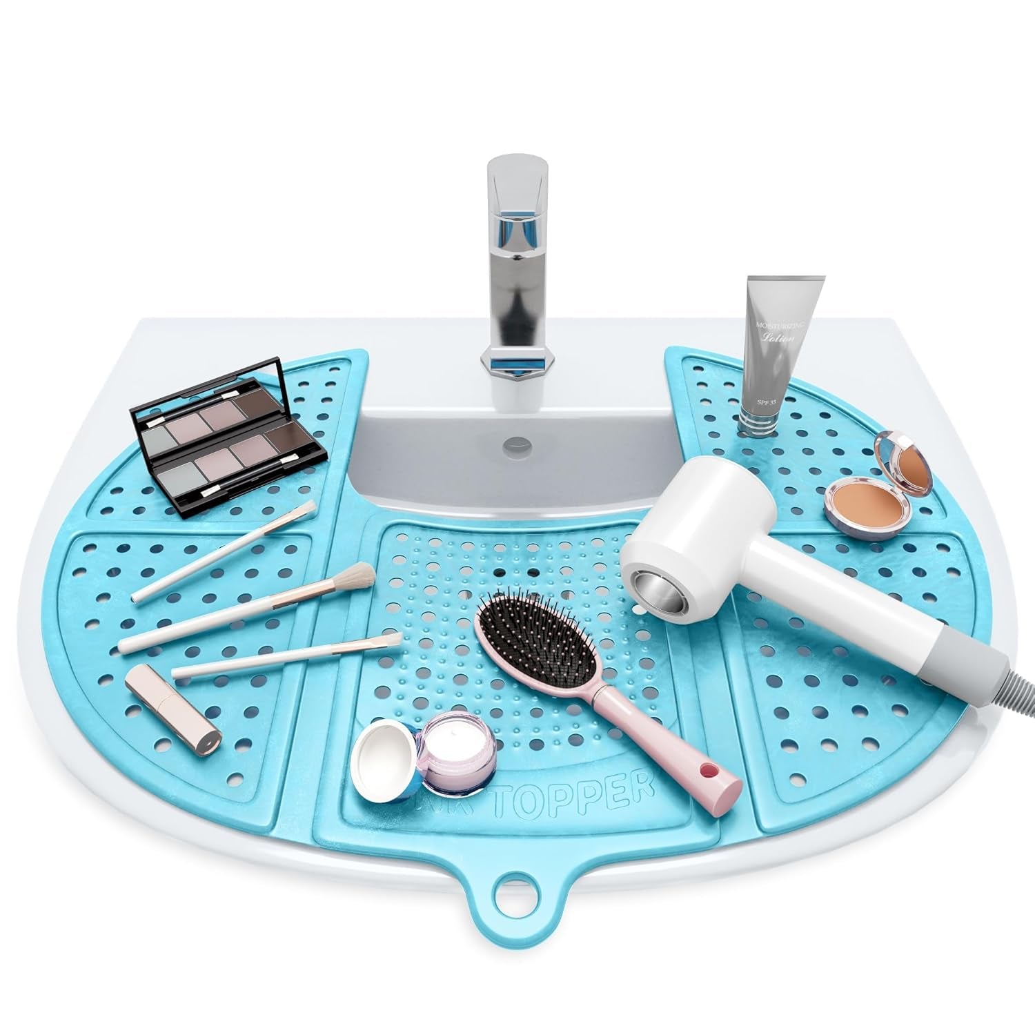 Bathroom Sink Cover for Counter Space & Storage Saver | RV Must Haves | Silicone Foldable Beauty Makeup Brush Cleaning Mat | Hot Tools Organizer | RV Sink Cover | Standard, Pacific Blue