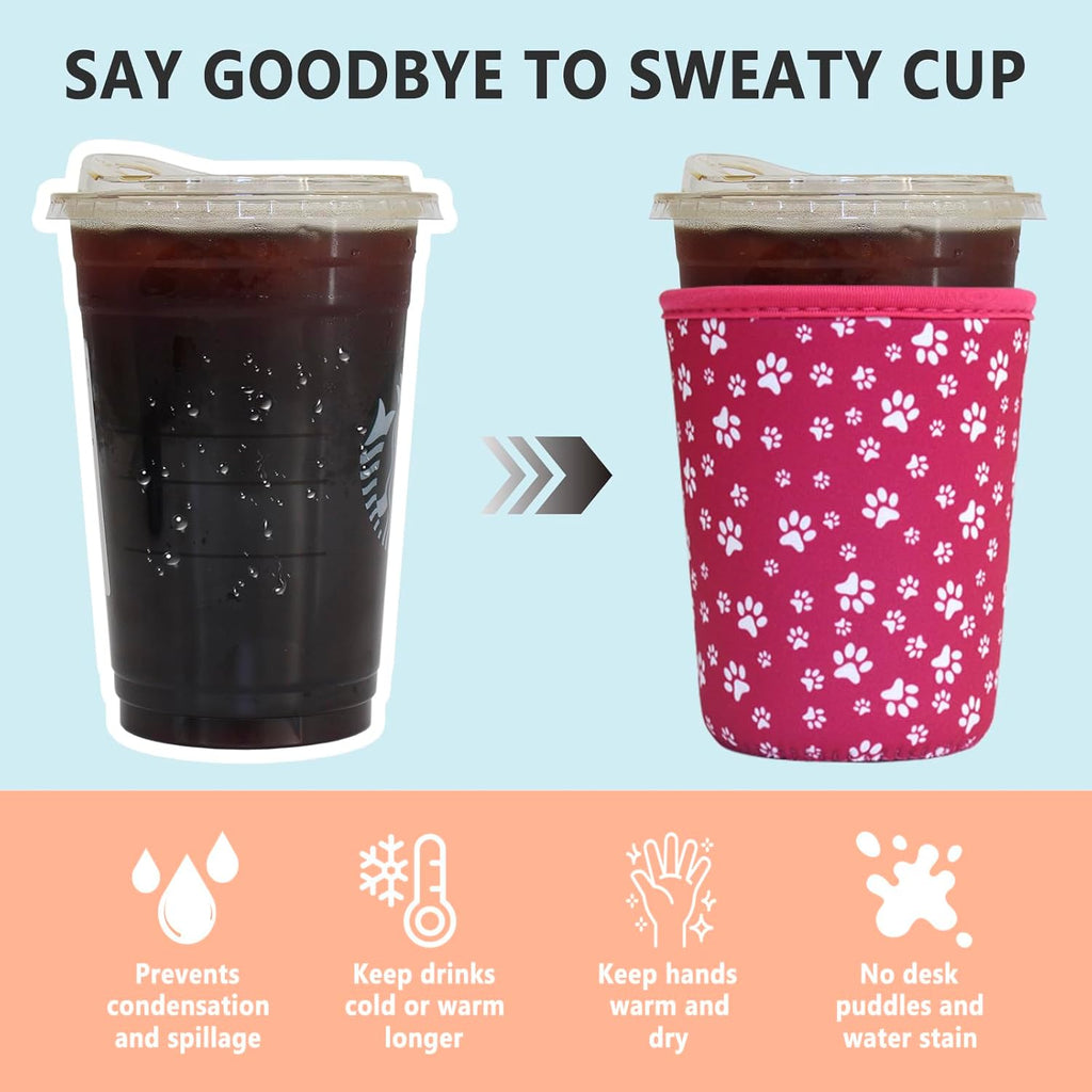 3 Pack Reusable Iced Coffee Sleeves -  Insulator Sleeve for Cold Beverages, Neoprene Coffee Cup Holder (Pink Paw)