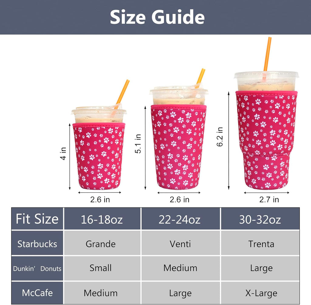 3 Pack Reusable Iced Coffee Sleeves -  Insulator Sleeve for Cold Beverages, Neoprene Coffee Cup Holder (Pink Paw)